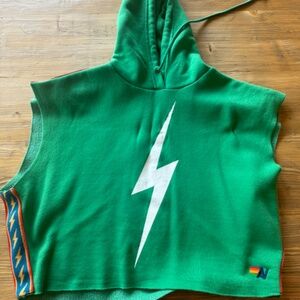 Aviator Nation Bolt Stripe Sleeveless Relaxed Cropped Pullover Hoodie - Kelly Gr